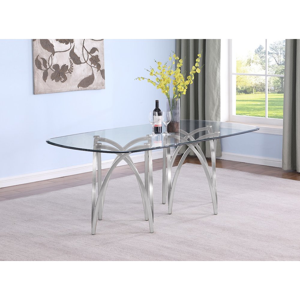 Small Clear Tempered Glass Dining Table Brushed Silver Matte Chrome-Plated Base