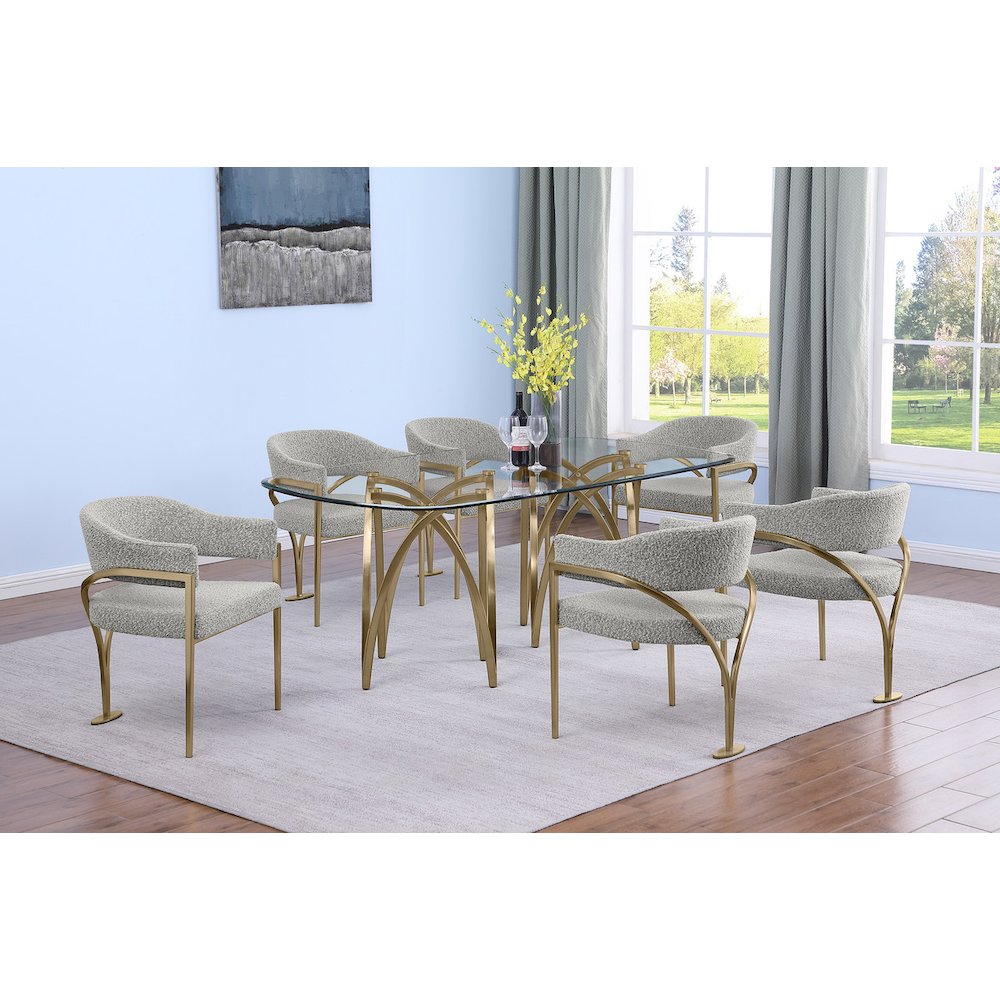 7Pc Tempered Glass Dining Table Set With 6 Rich Gray With Matte Gold Side Chairs