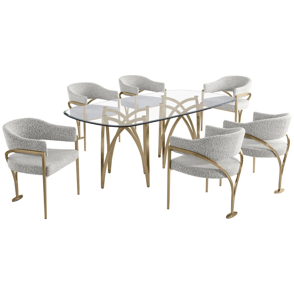 7Pc Tempered Glass Dining Table Set With 6 Rich Gray With Matte Gold Side Chairs
