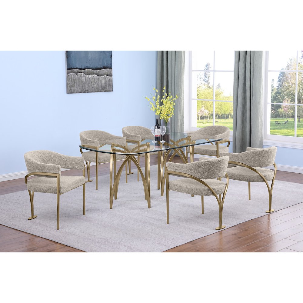 7Pc Tempered Glass Dining Table Set With 6 Gray With Matte Gold Side Chairs
