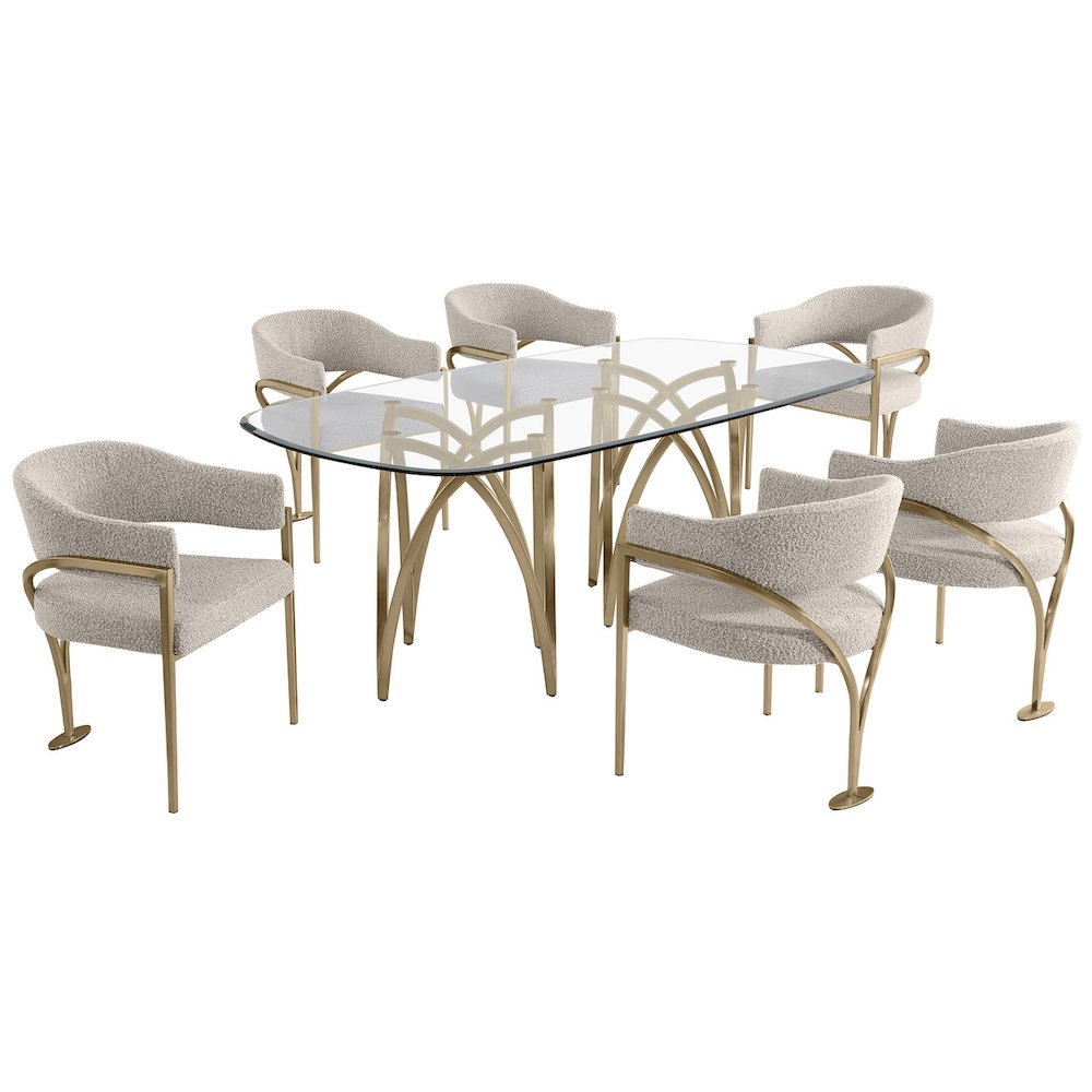 7Pc Tempered Glass Dining Table Set With 6 Gray With Matte Gold Side Chairs