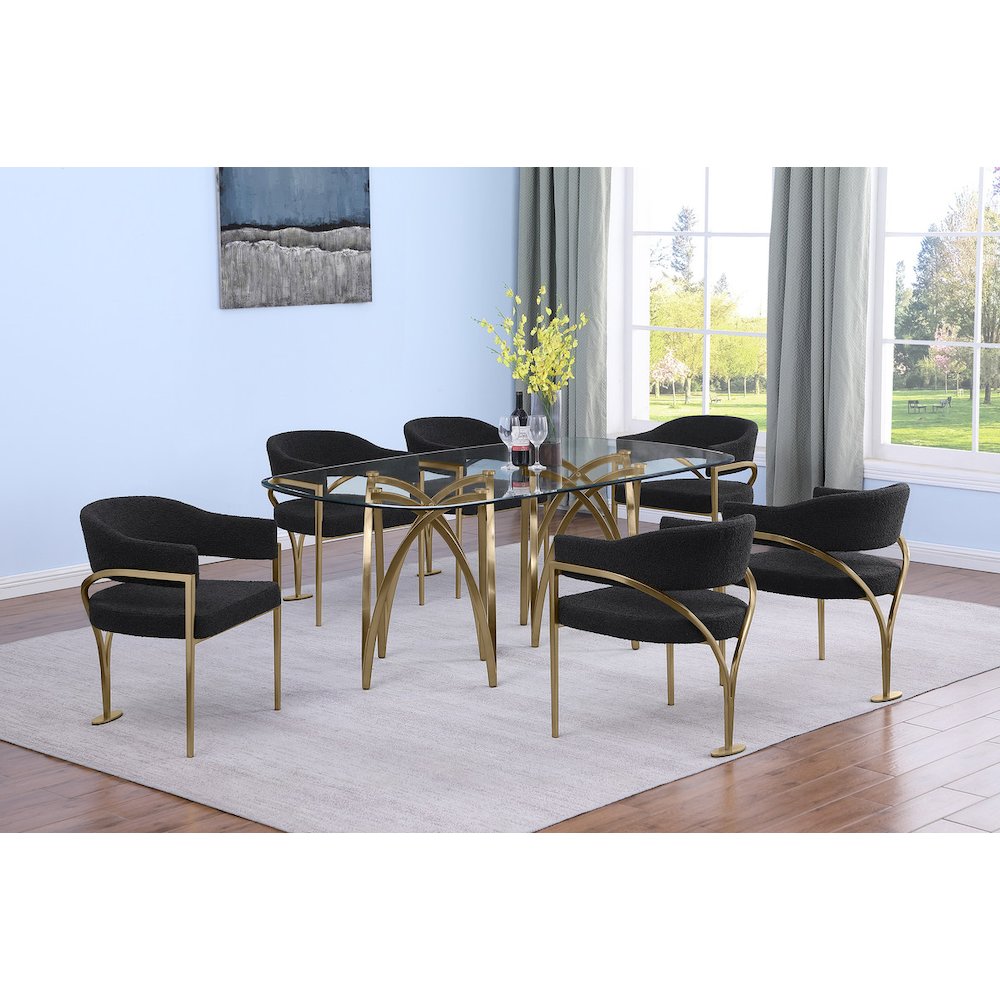 7Pc Tempered Glass Dining Table Set With 6 Black With Matte Gold Side Chairs