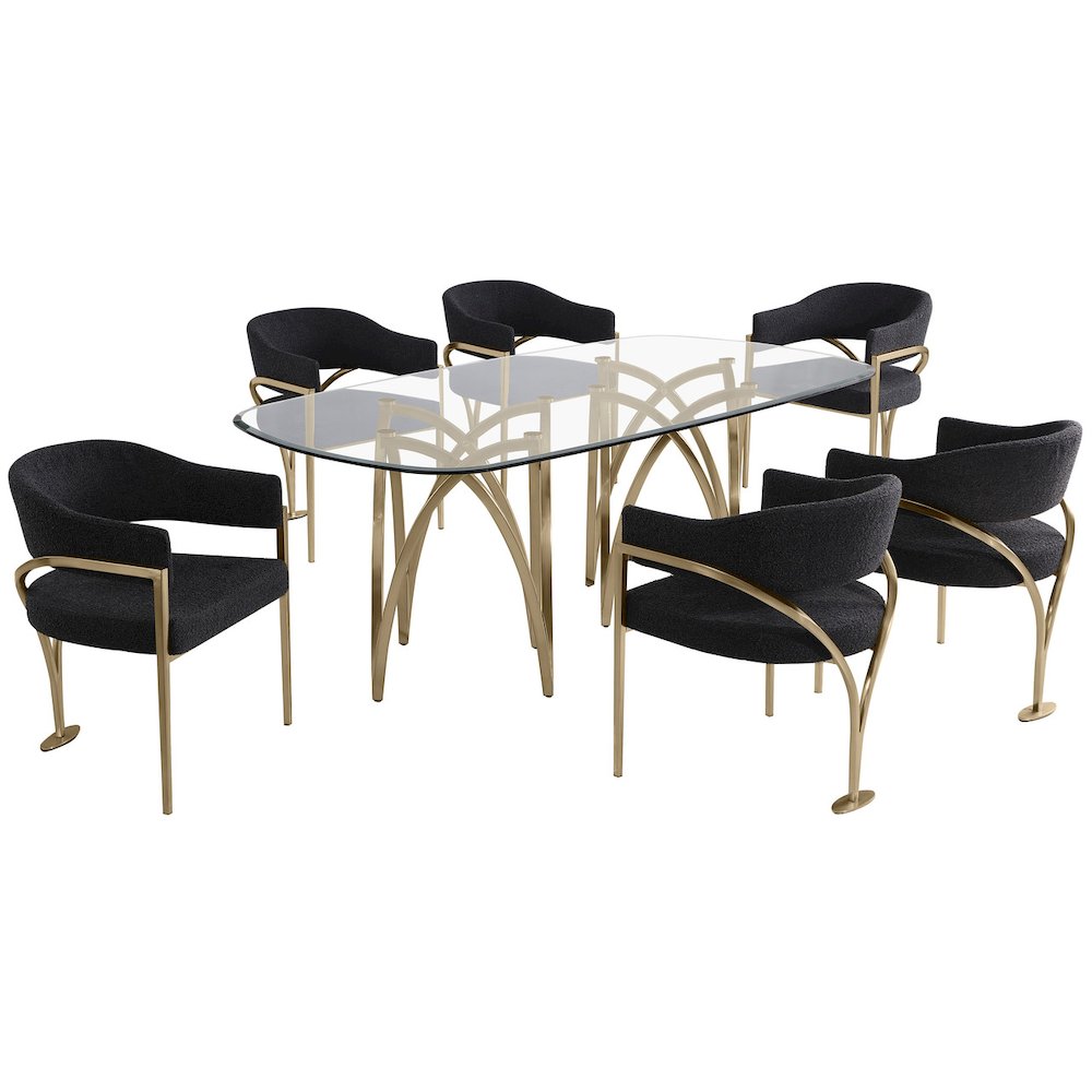 7Pc Tempered Glass Dining Table Set With 6 Black With Matte Gold Side Chairs