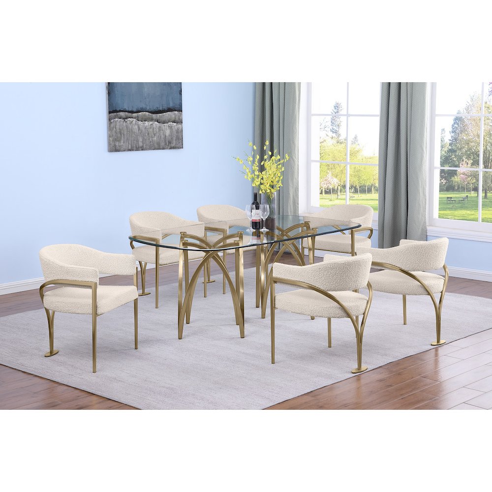 7Pc Tempered Glass Dining Table Set With 6 Cream With Matte Gold Side Chairs