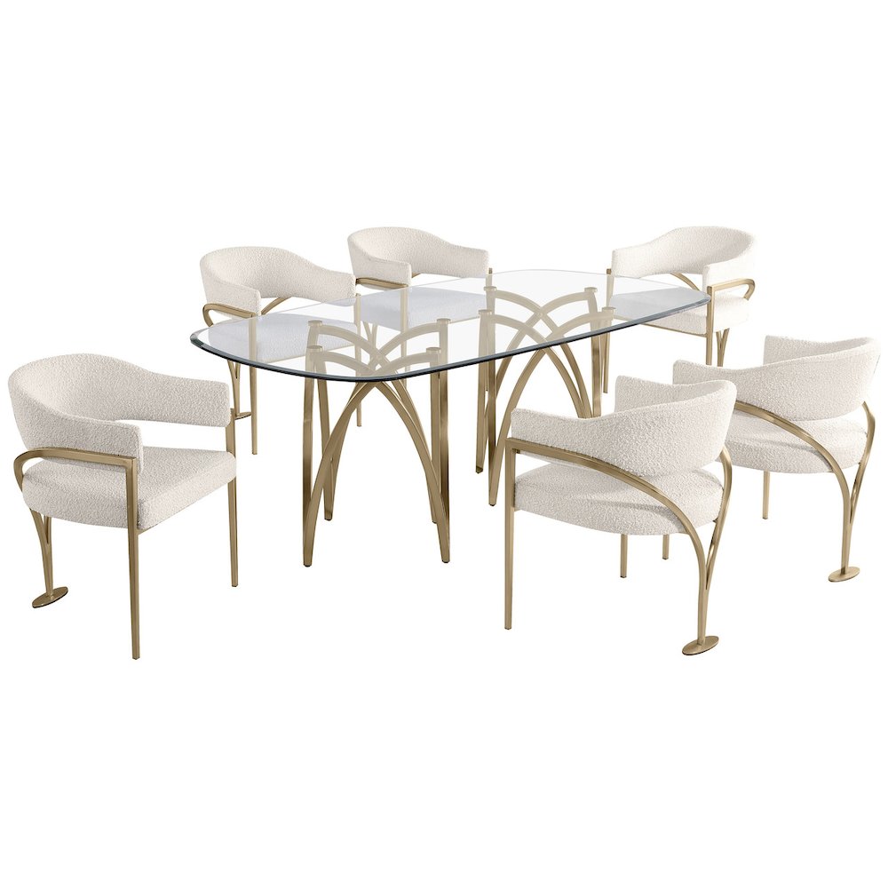 7Pc Tempered Glass Dining Table Set With 6 Cream With Matte Gold Side Chairs
