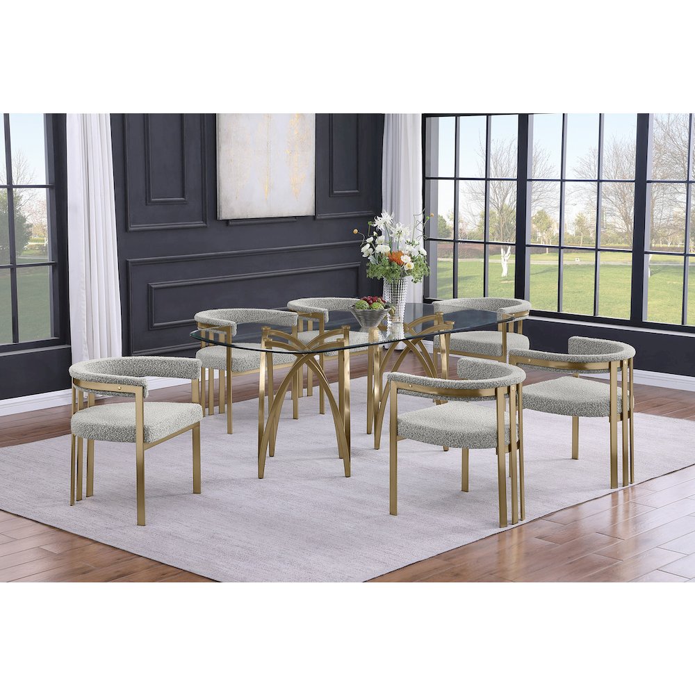 7Pc Tempered Glass Dining Table Set With 6 Rich Gray With Matte Gold Side Chairs