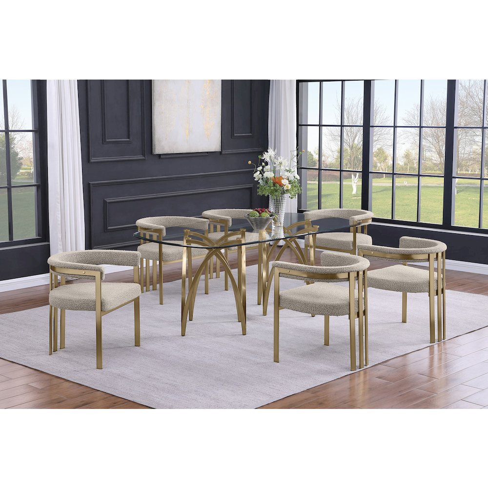 7Pc Tempered Glass Dining Table Set With 6 Gray With Matte Gold Side Chairs