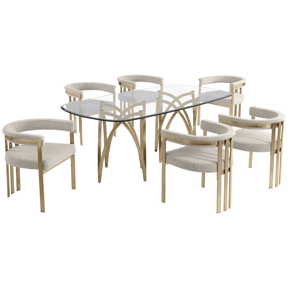 7Pc Tempered Glass Dining Table Set With 6 Gray With Matte Gold Side Chairs