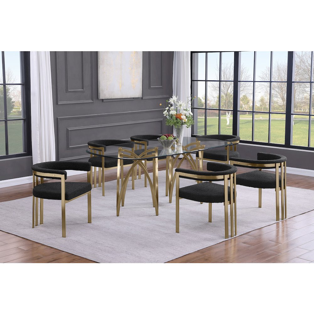 7Pc Tempered Glass Dining Table Set With 6 Black With Matte Gold Side Chairs