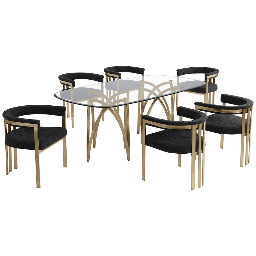 7Pc Tempered Glass Dining Table Set With 6 Black With Matte Gold Side Chairs
