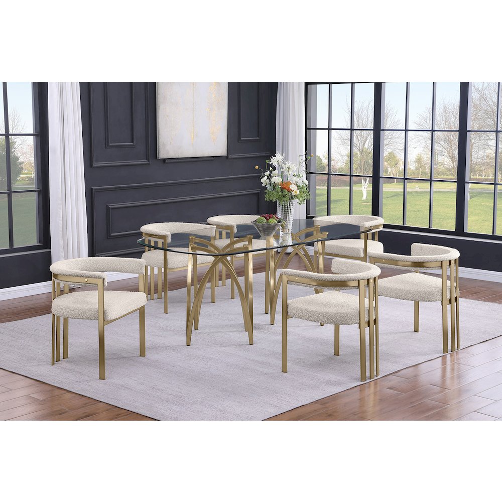 7Pc Tempered Glass Dining Table Set With 6 Cream With Matte Gold Side Chairs