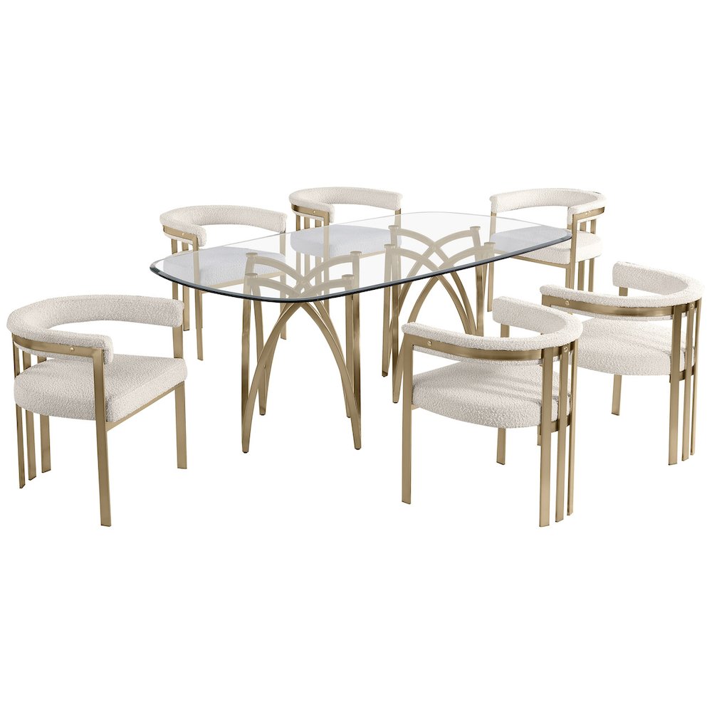 7Pc Tempered Glass Dining Table Set With 6 Cream With Matte Gold Side Chairs