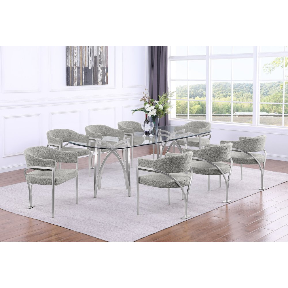 9Pc Tempered Glass Dining Table Set 8 Rich Gray Matte Silver Side Chairs