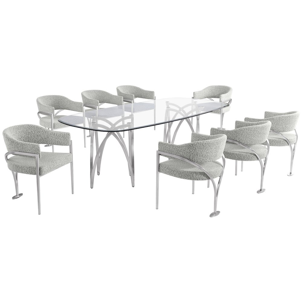 9Pc Tempered Glass Dining Table Set 8 Rich Gray Matte Silver Side Chairs