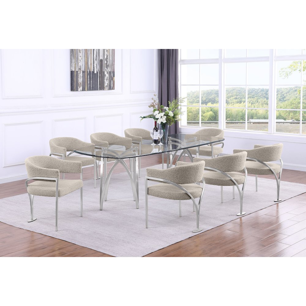 9Pc Tempered Glass Dining Table Set With 8 Gray With Matte Silver Side Chairs