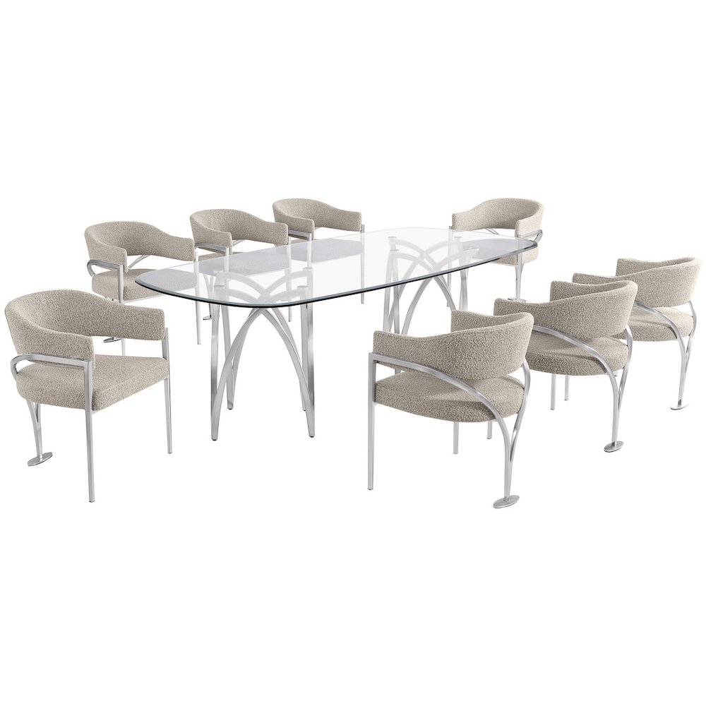 9Pc Tempered Glass Dining Table Set With 8 Gray With Matte Silver Side Chairs