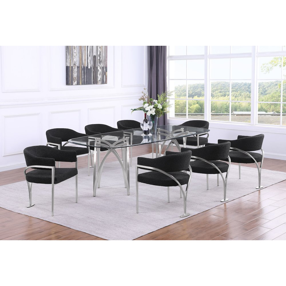 9Pc Tempered Glass Dining Table Set With 8 Black With Matte Silver Side Chairs