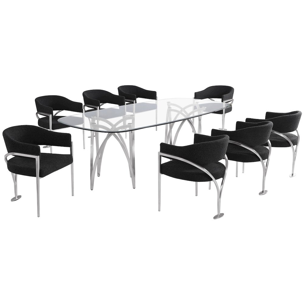 9Pc Tempered Glass Dining Table Set With 8 Black With Matte Silver Side Chairs