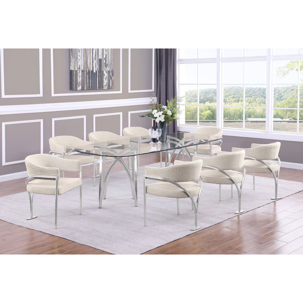 9Pc Tempered Glass Dining Table Set With 8 Cream With Matte Silver Side Chairs