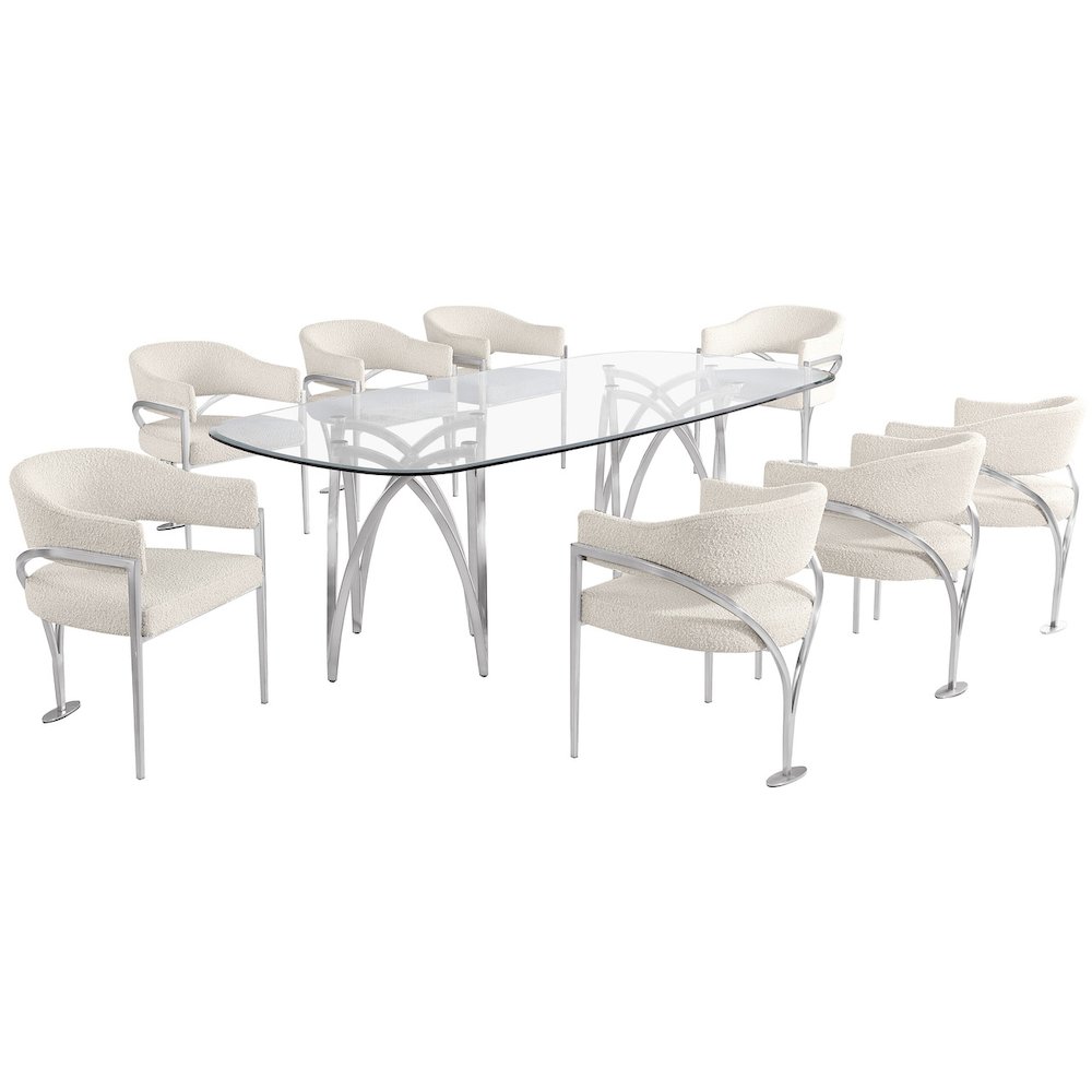 9Pc Tempered Glass Dining Table Set With 8 Cream With Matte Silver Side Chairs