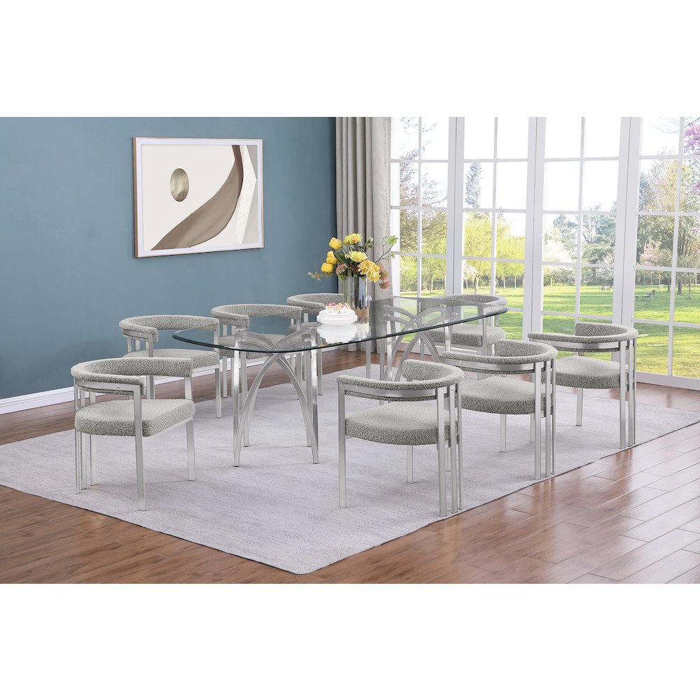 9Pc Tempered Glass Dining Table Set 8 Rich Gray Matte Silver Side Chairs