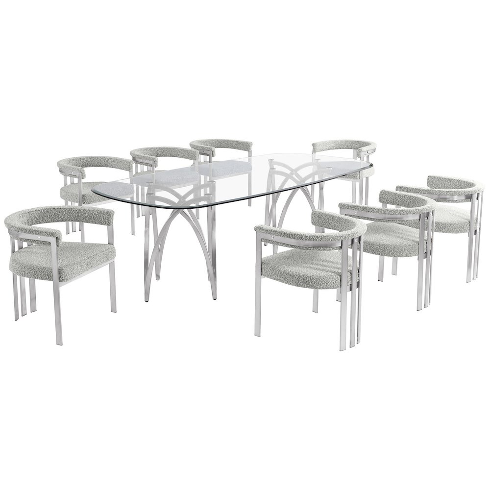 9Pc Tempered Glass Dining Table Set 8 Rich Gray Matte Silver Side Chairs