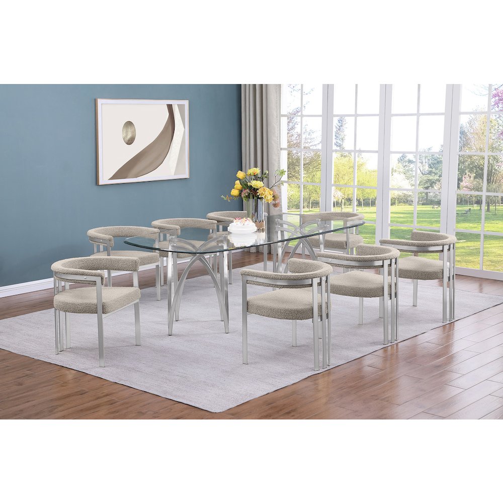 9Pc Tempered Glass Dining Table Set With 8 Gray With Matte Silver Side Chairs