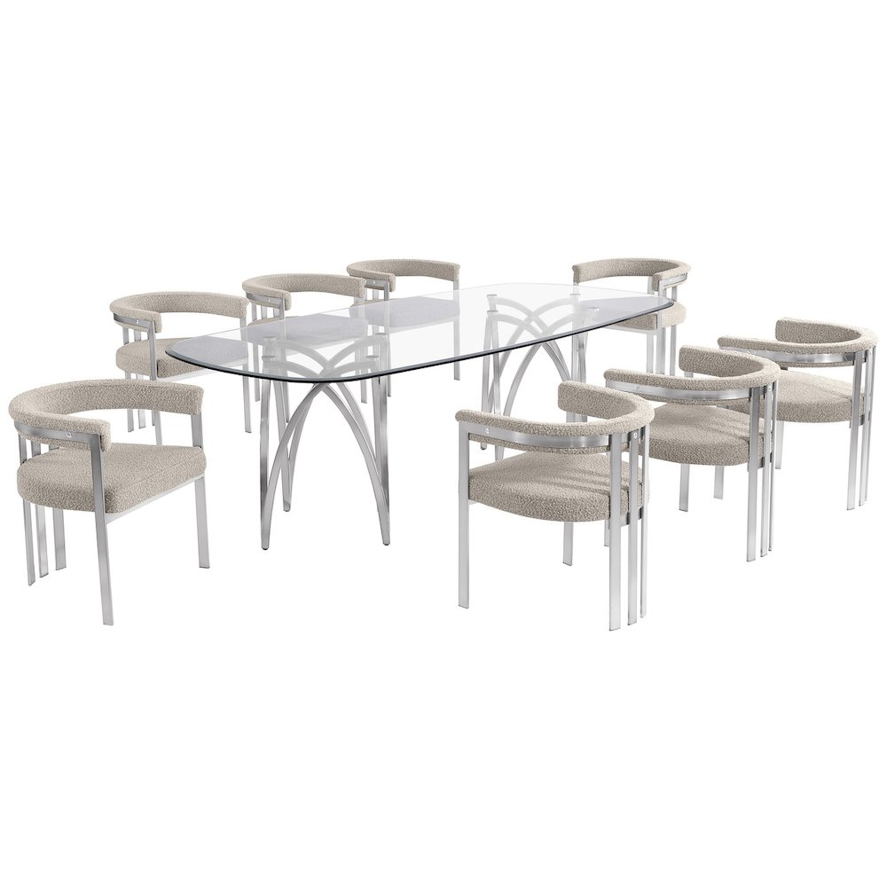 9Pc Tempered Glass Dining Table Set With 8 Gray With Matte Silver Side Chairs