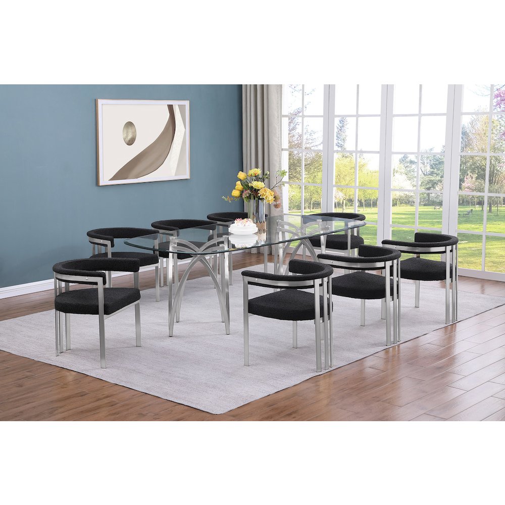 9Pc Tempered Glass Dining Table Set With 8 Black With Matte Silver Side Chairs