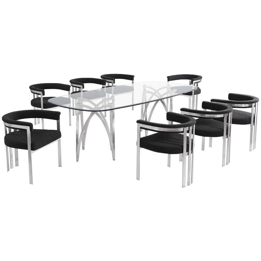 9Pc Tempered Glass Dining Table Set With 8 Black With Matte Silver Side Chairs