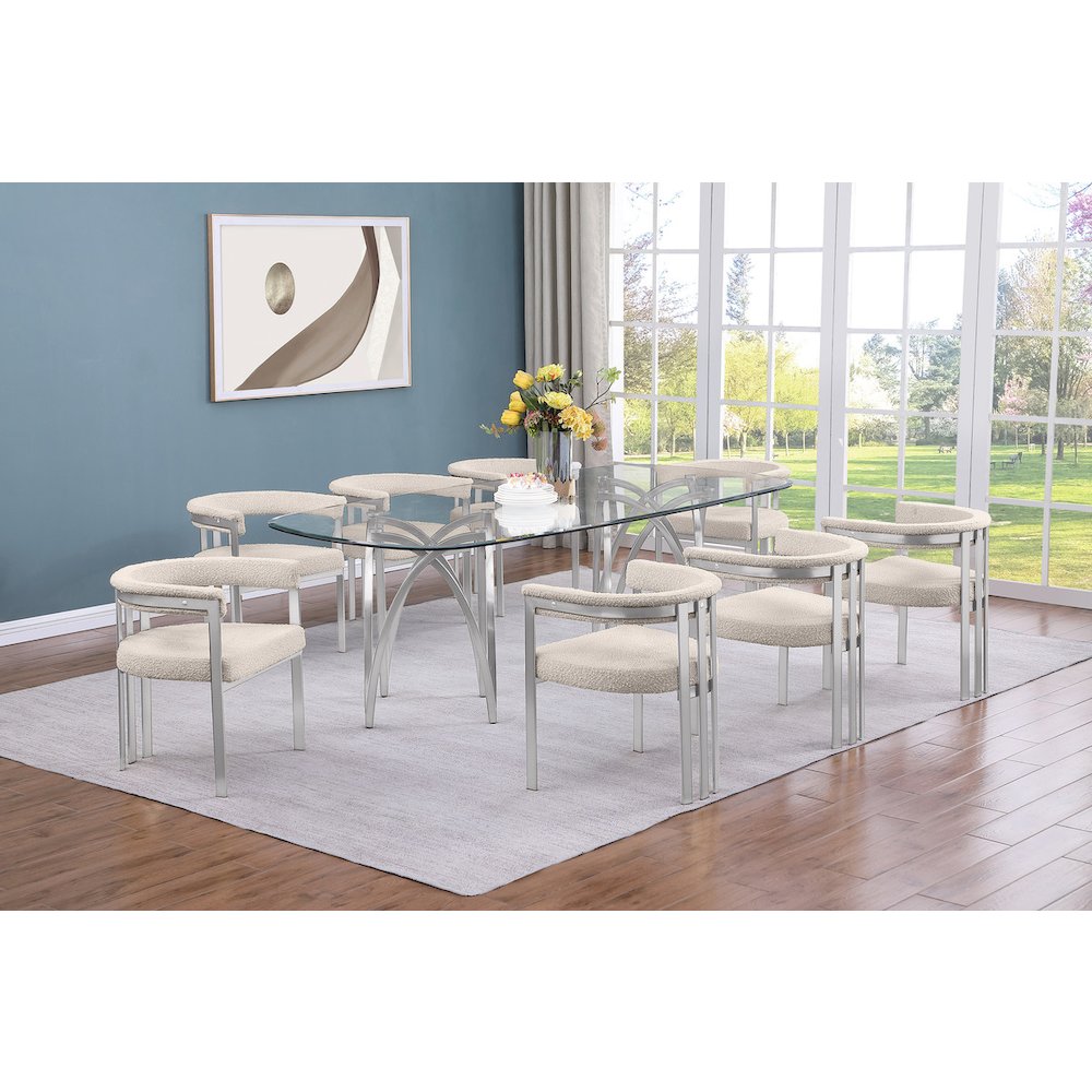 9Pc Tempered Glass Dining Table Set With 8 Cream With Matte Silver Side Chairs