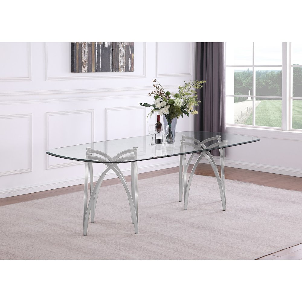 Large Clear Tempered Glass Dining Table Brushed Silver Matte Chrome-Plated Base