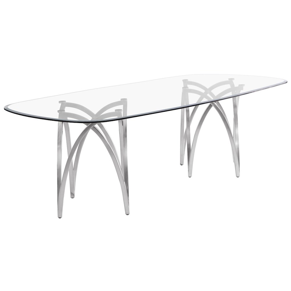 Large Clear Tempered Glass Dining Table Brushed Silver Matte Chrome-Plated Base