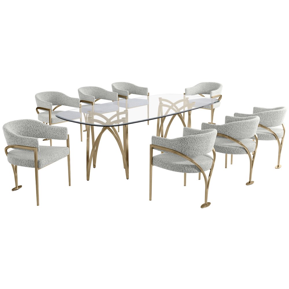9Pc Tempered Glass Dining Table Set With 8 Rich Gray With Matte Gold Side Chairs