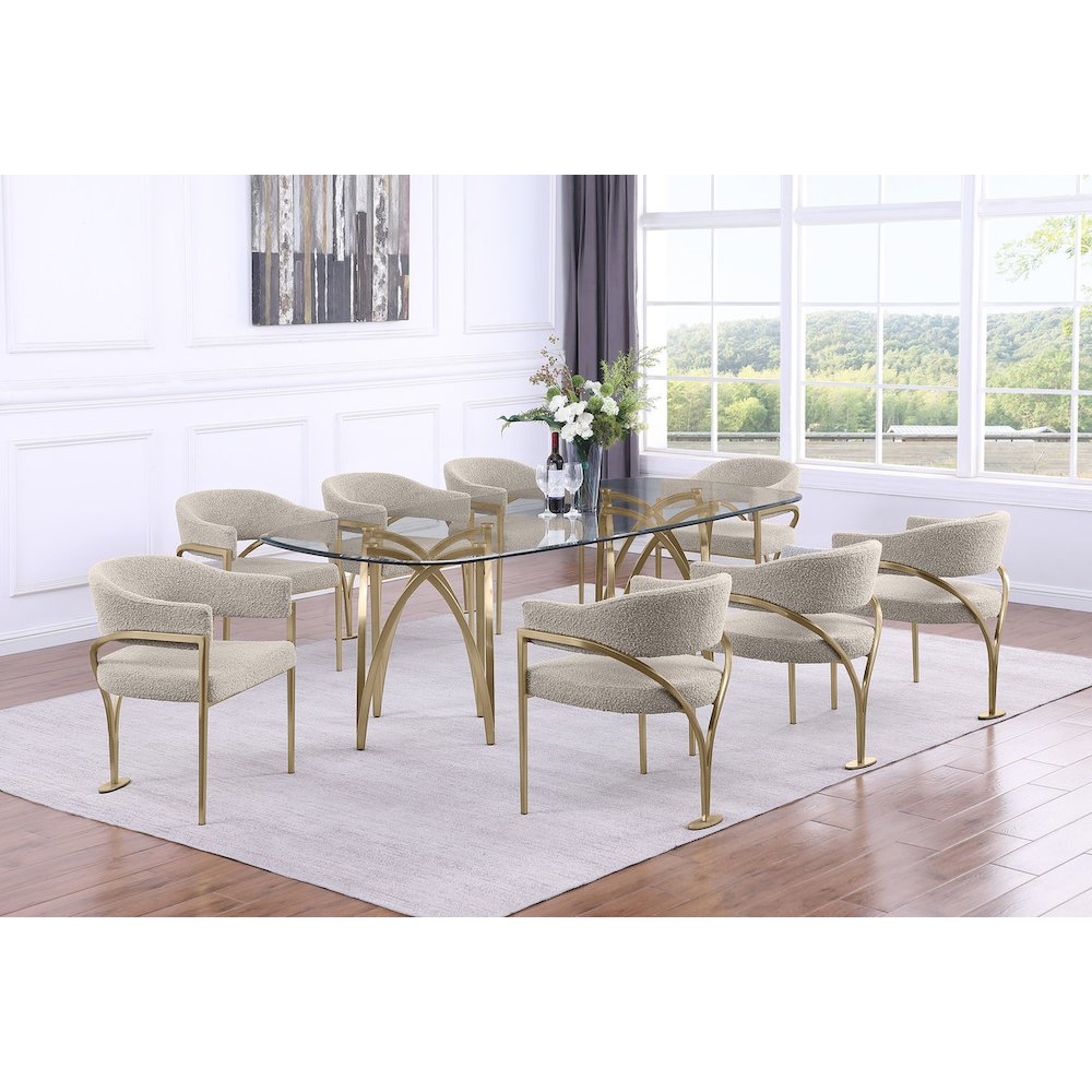 9Pc Tempered Glass Dining Table Set With 8 Gray With Matte Gold Side Chairs