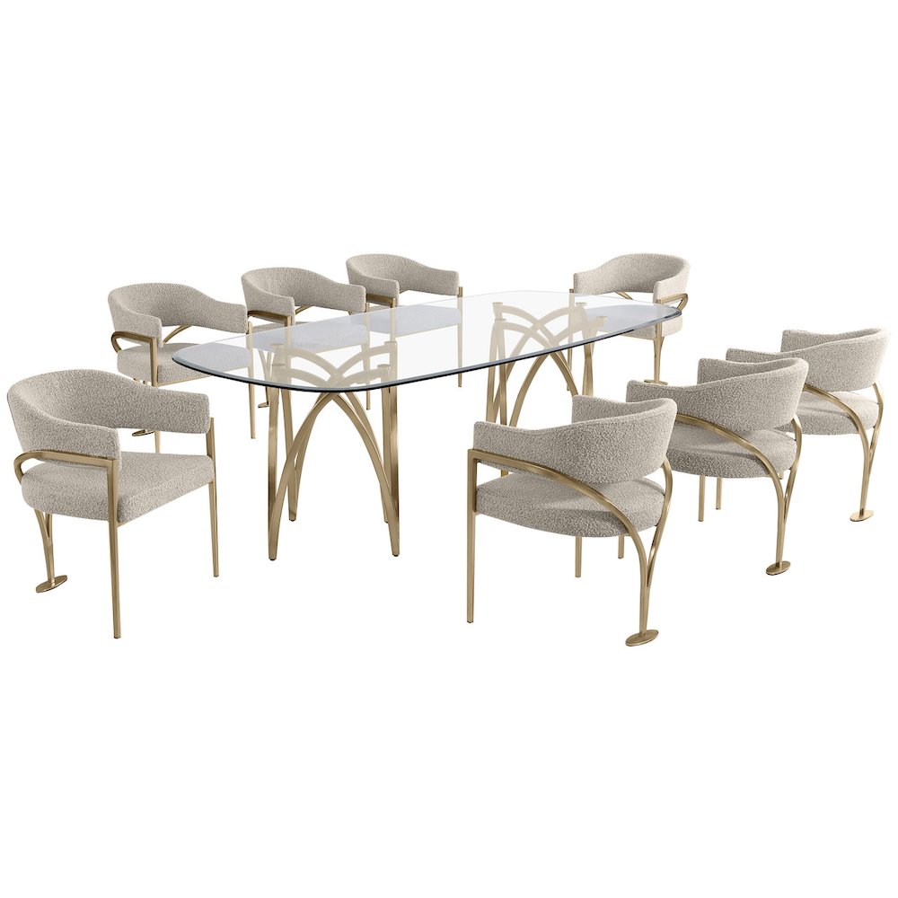9Pc Tempered Glass Dining Table Set With 8 Gray With Matte Gold Side Chairs