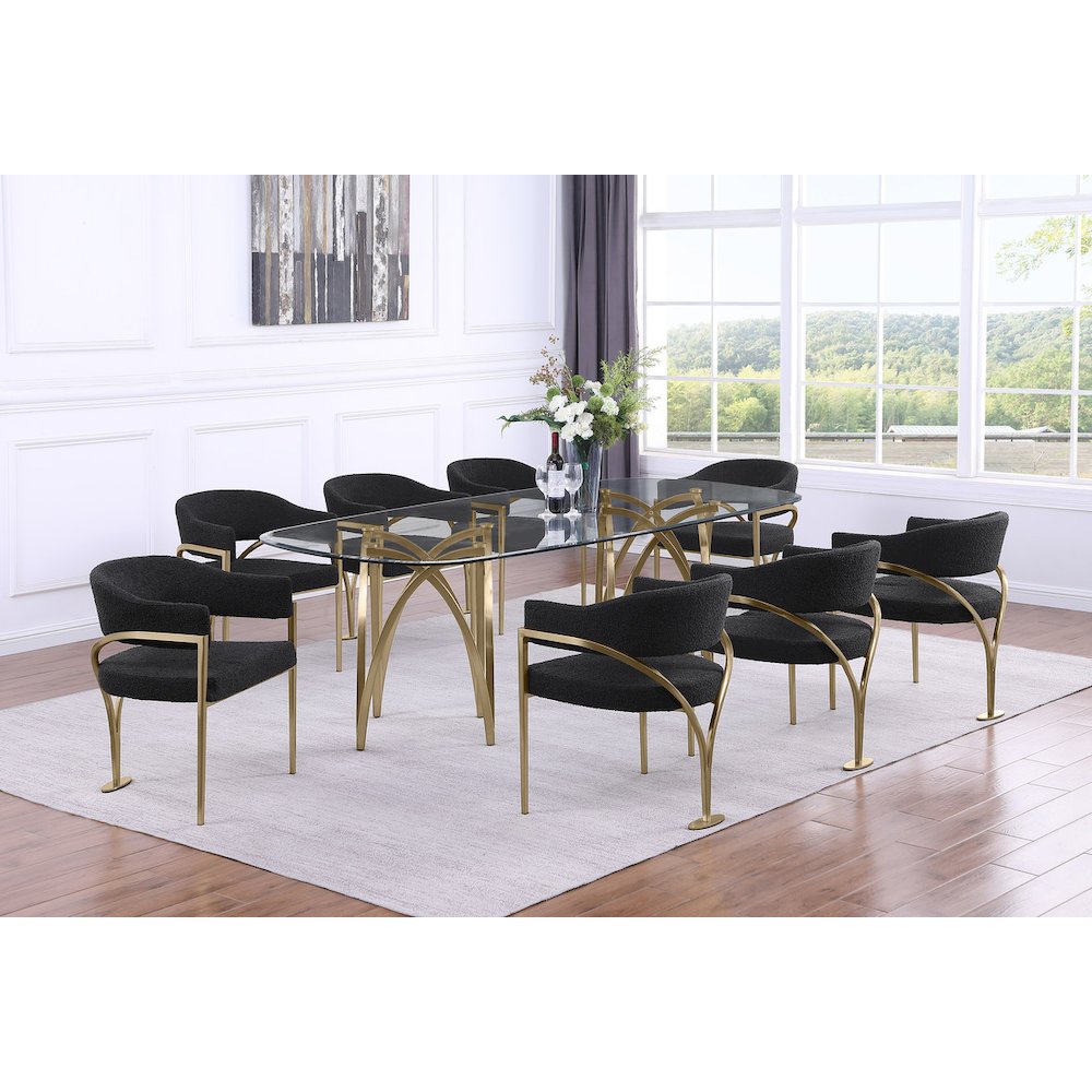 9Pc Tempered Glass Dining Table Set With 8 Black With Matte Gold Side Chairs