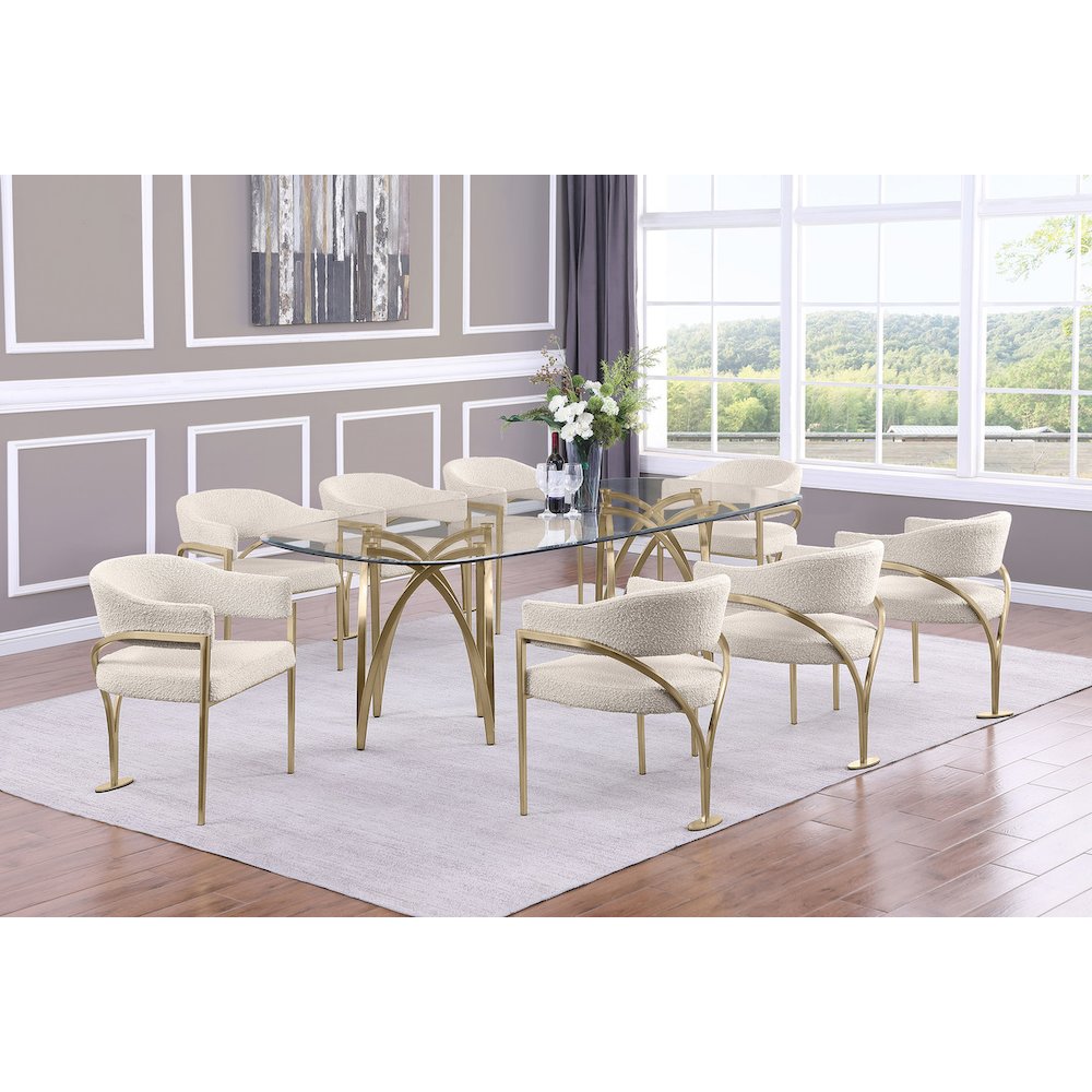 9Pc Tempered Glass Dining Table Set With 8 Cream With Matte Gold Side Chairs