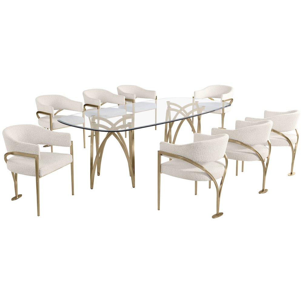 9Pc Tempered Glass Dining Table Set With 8 Cream With Matte Gold Side Chairs