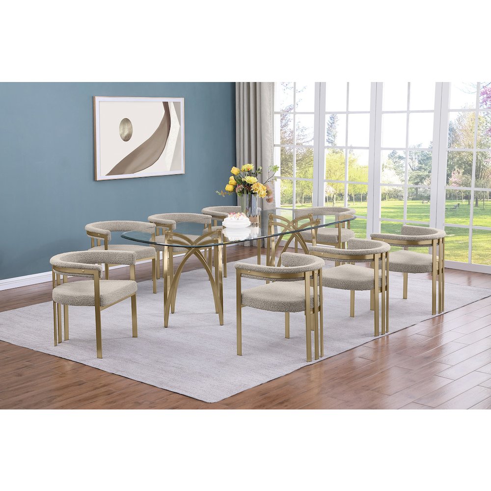 9Pc Tempered Glass Dining Table Set With 8 Gray With Matte Gold Side Chairs
