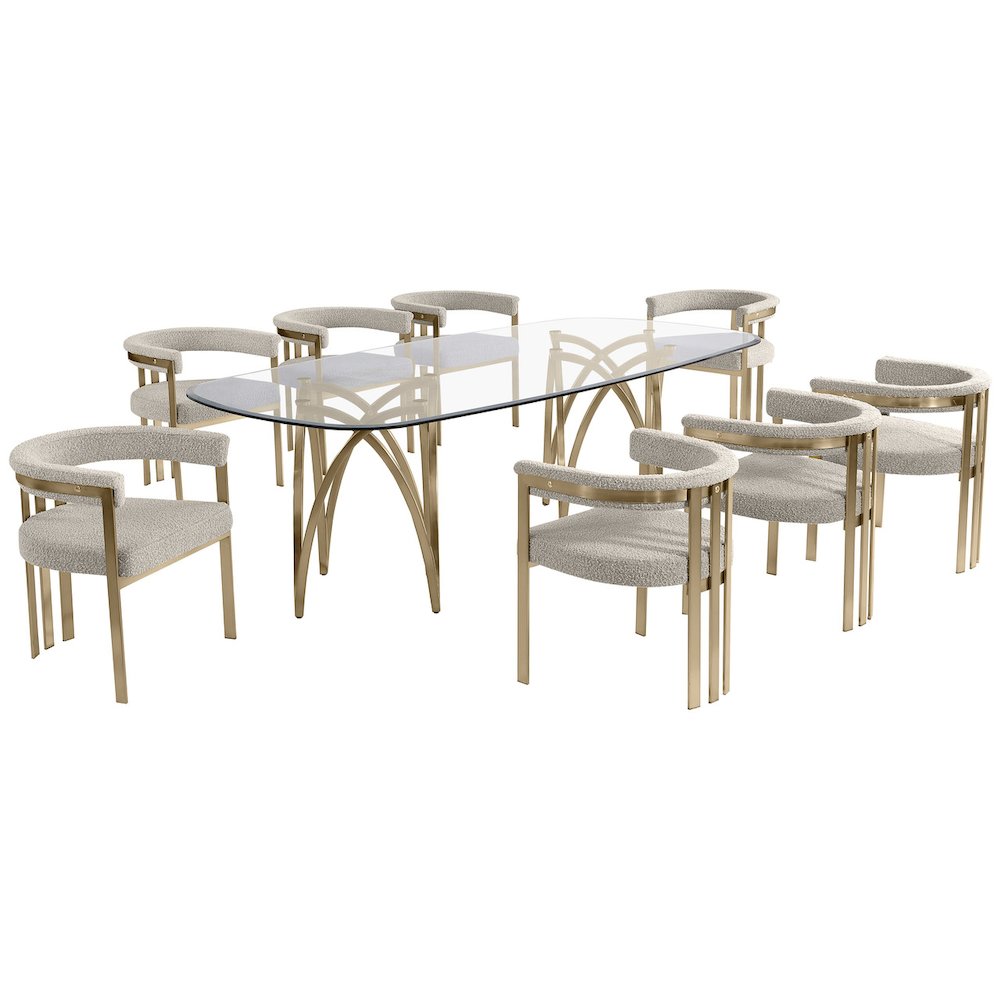 9Pc Tempered Glass Dining Table Set With 8 Gray With Matte Gold Side Chairs
