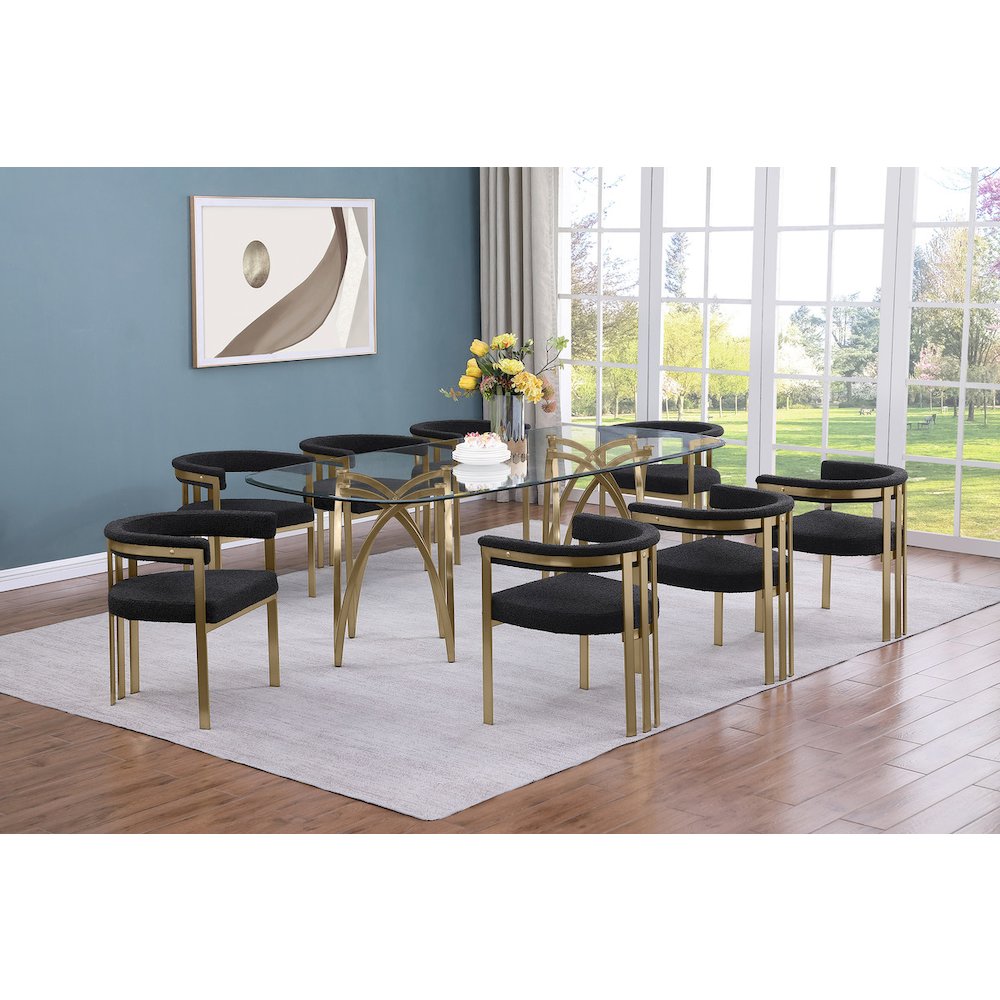 9Pc Tempered Glass Dining Table Set With 8 Black With Matte Gold Side Chairs
