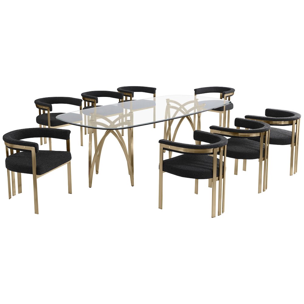 9Pc Tempered Glass Dining Table Set With 8 Black With Matte Gold Side Chairs