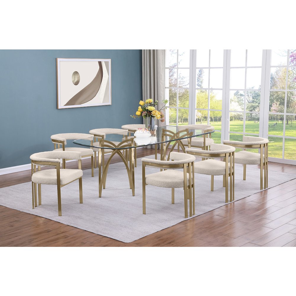 9Pc Tempered Glass Dining Table Set With 8 Cream With Matte Gold Side Chairs