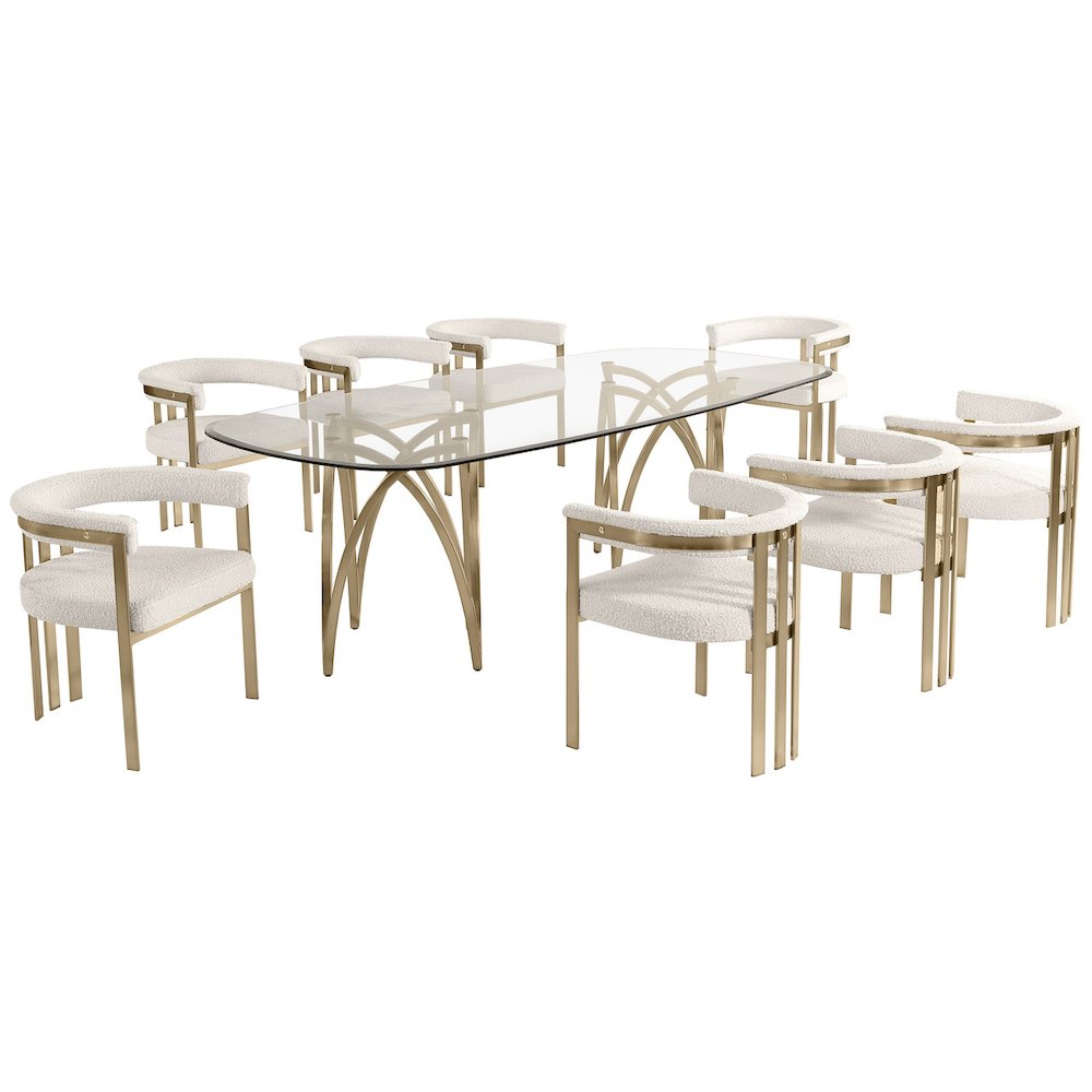 9Pc Tempered Glass Dining Table Set With 8 Cream With Matte Gold Side Chairs