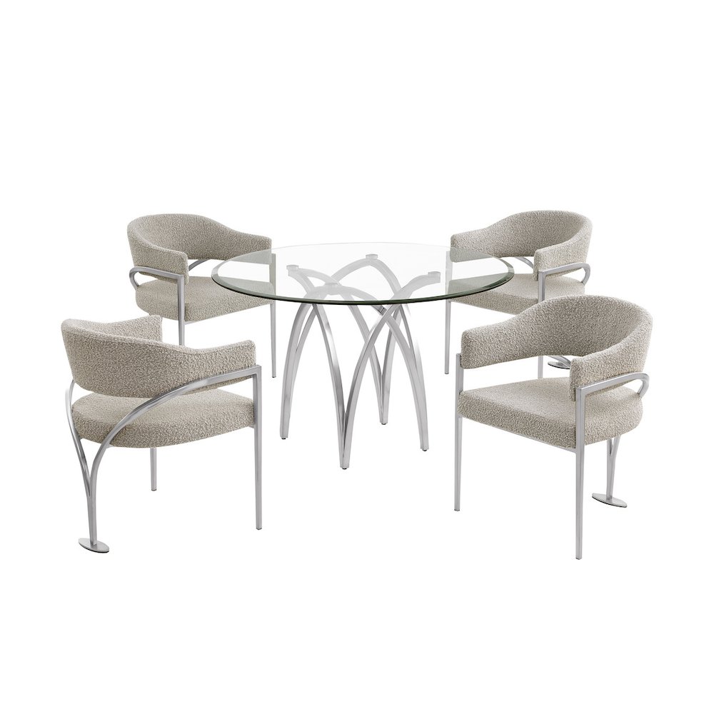 5Pc Round 48X48 Dining Set With 4 Gray Boucle Chairs
