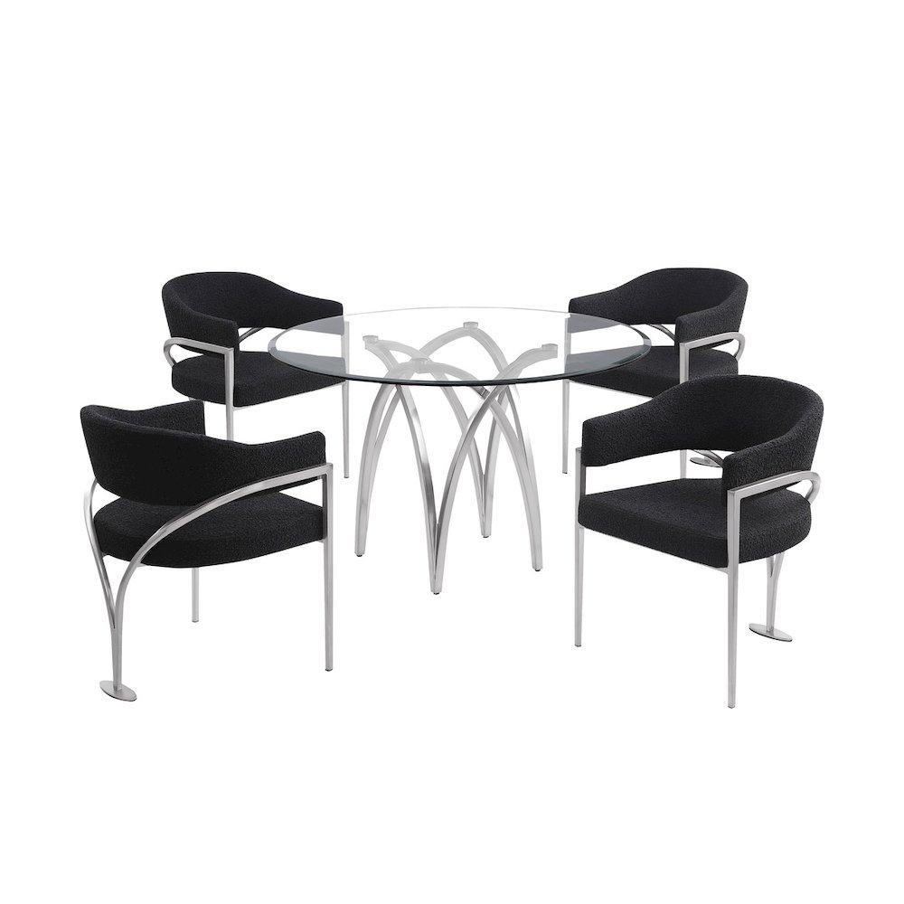 5Pc Round 48X48 Dining Set With 4 Black Boucle Chairs