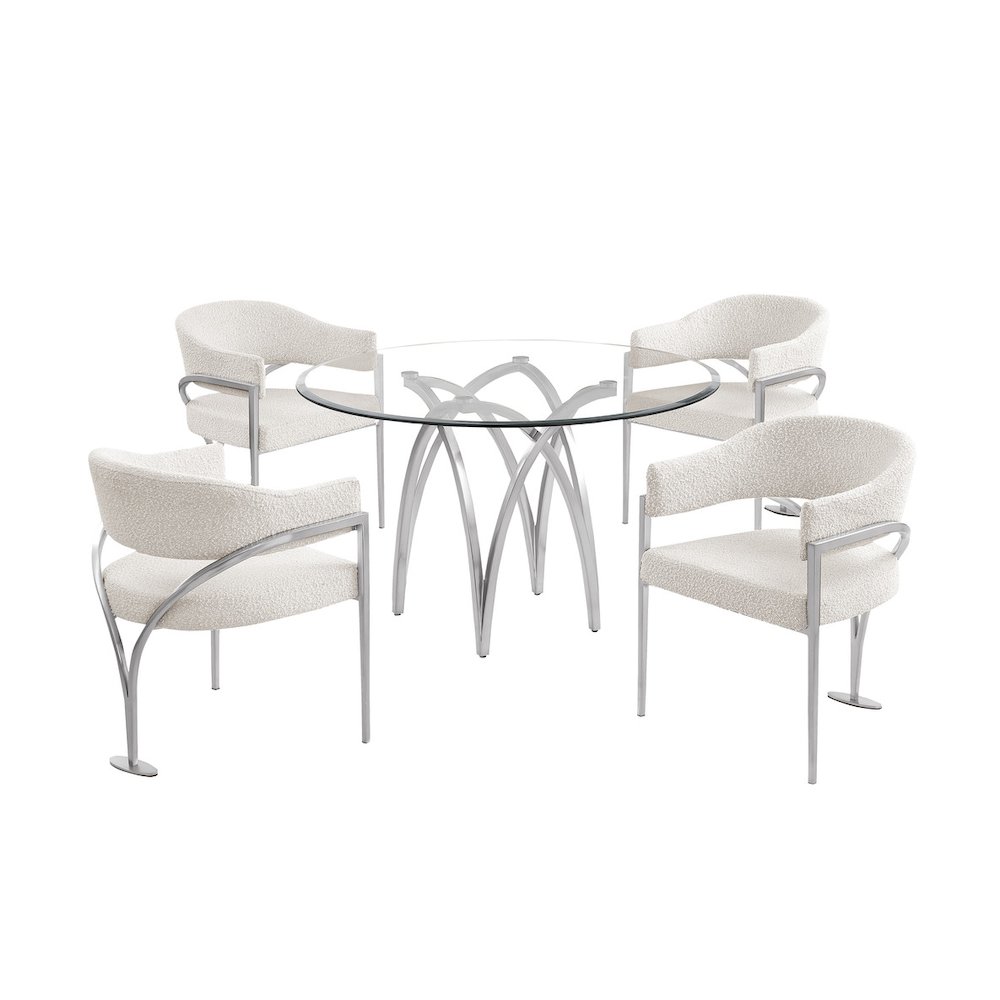 5Pc Round 48X48 Dining Set With 4 Cream Boucle Chairs