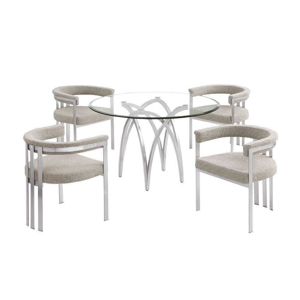 5Pc Round 48X48 Dining Set With 4 Gray Boucle Chairs