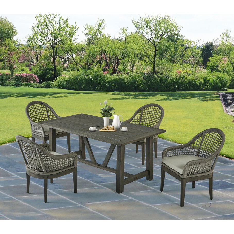 Gray Outdoor Dining Set – Acacia Wooden Table with 4 Rope Chairs